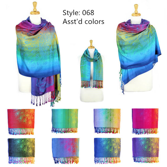 12-Pack Pashmina Peacock Colorful Shawsl Assorted Colors 068