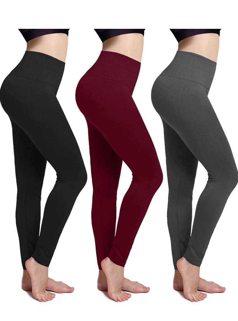 3 Pack Women’s Fleece Lined Leggings High Waist Stretchy warm Leggings one size - PremiumBrandGoods