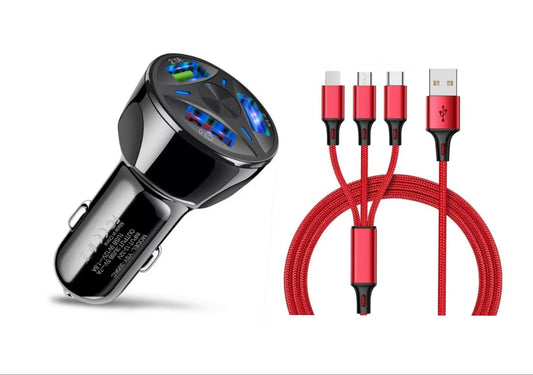 3 Port Fast LED Car Charger + 3 in 1 Cable Combo Red - PremiumBrandGoods