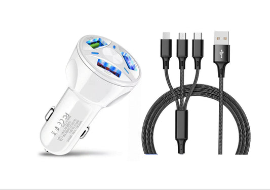 3 Port Fast LED White Car Charger + 3 in 1 Cable Combo Black - PremiumBrandGoods