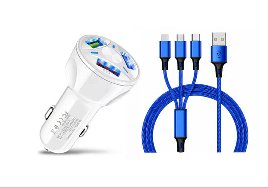 3 Port Fast LED White Car Charger + 3 in 1 Cable Combo Blue - PremiumBrandGoods