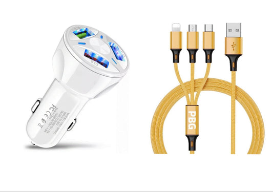 3 Port Fast LED White Car Charger + 3 in 1 Cable Combo Gold - PremiumBrandGoods