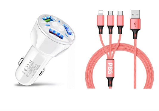 3 Port Fast LED White Car Charger + 3 in 1 Cable Combo Pink - PremiumBrandGoods