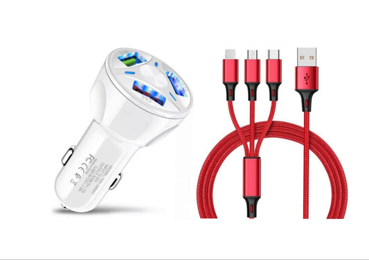 3 Port Fast LED White Car Charger + 3 in 1 Cable Combo Red - PremiumBrandGoods