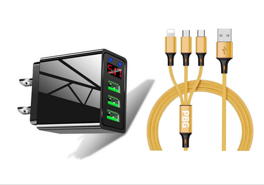 3 port LED Display High Speed Wall Charger Black + 3 in 1 Cable Combo - PremiumBrandGoods