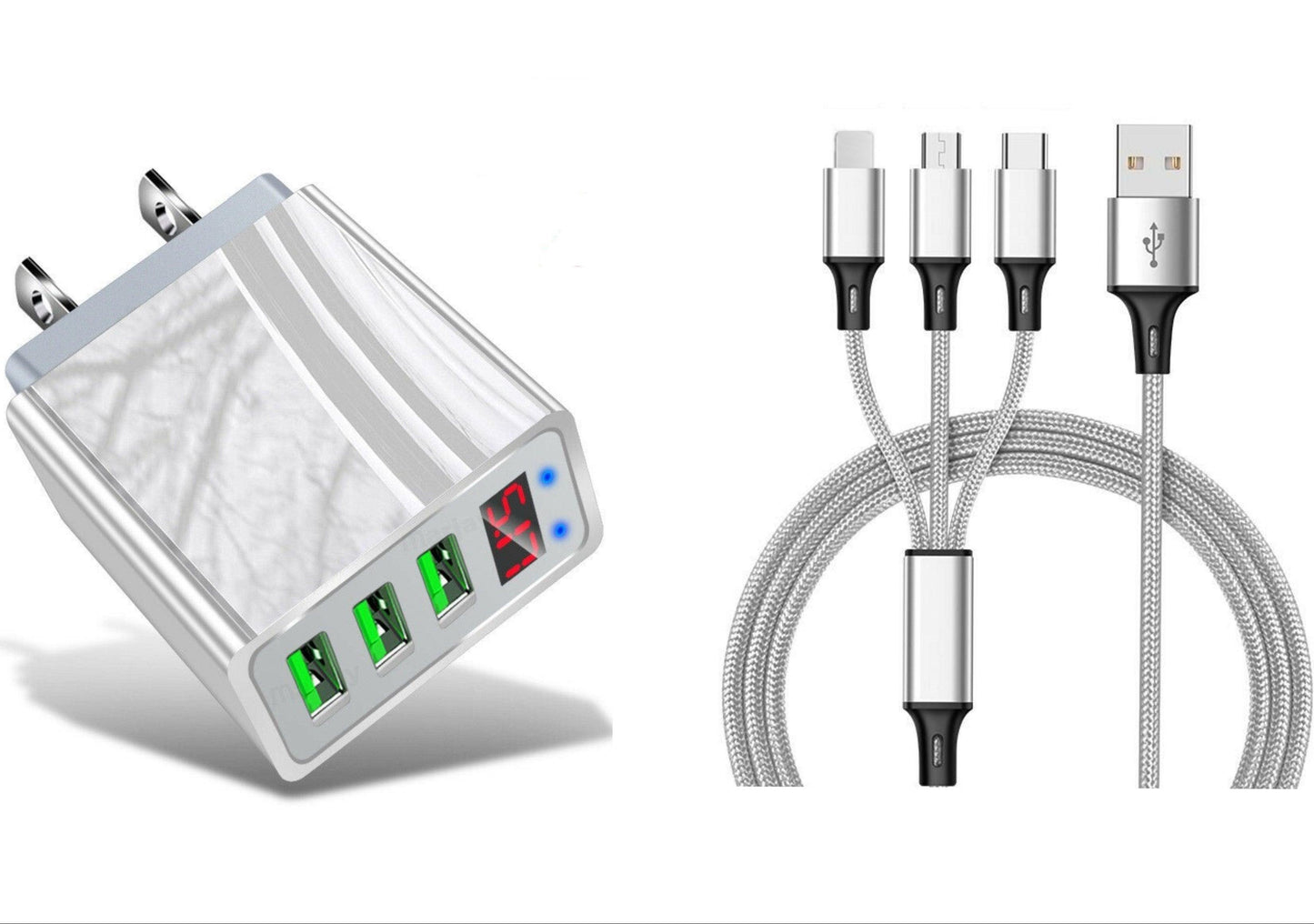 3 port LED Display High Speed Wall Charger White + 3 in 1 Cable Combo - PremiumBrandGoods