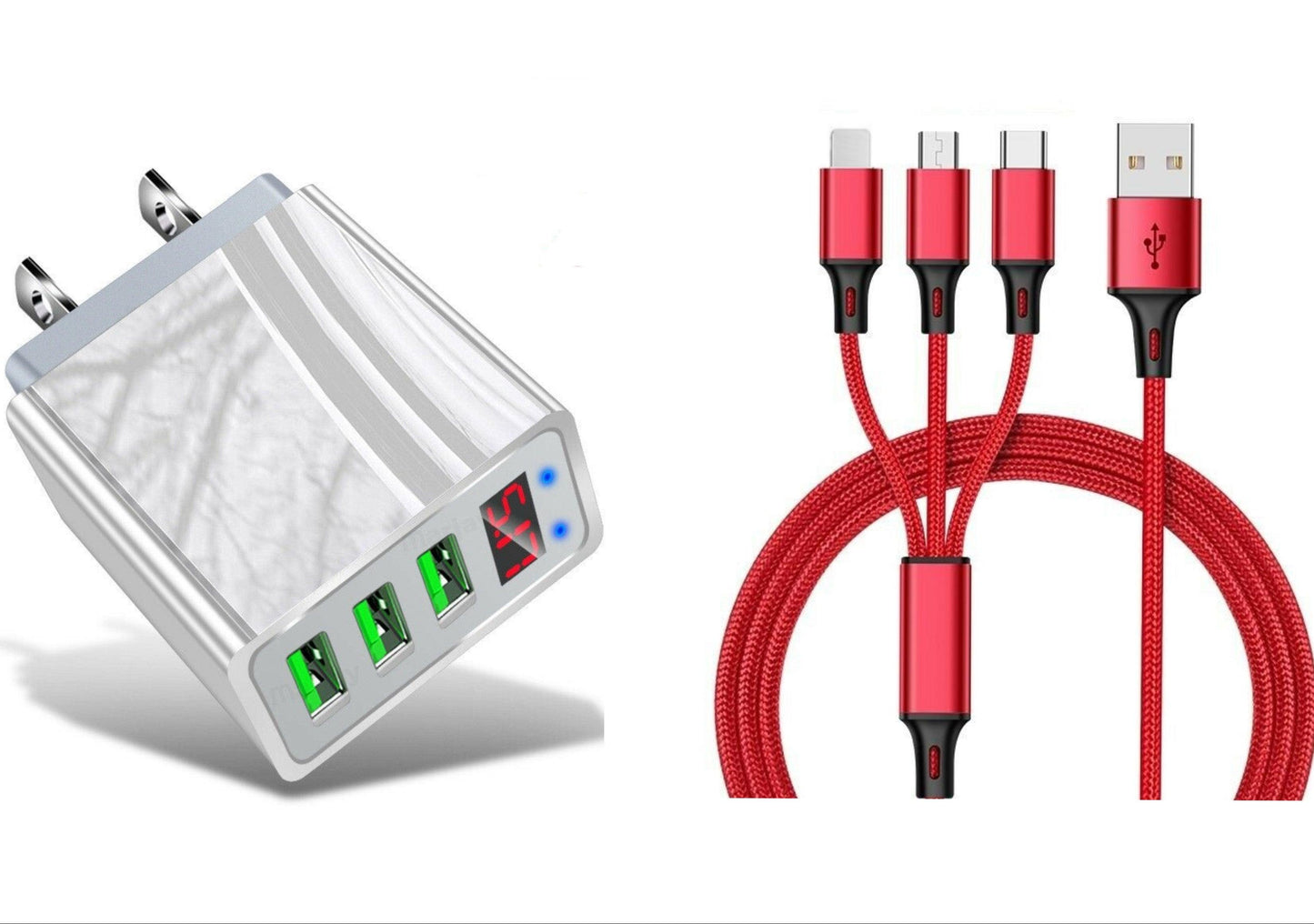 3 port LED Display High Speed Wall Charger White + 3 in 1 Cable Combo - PremiumBrandGoods