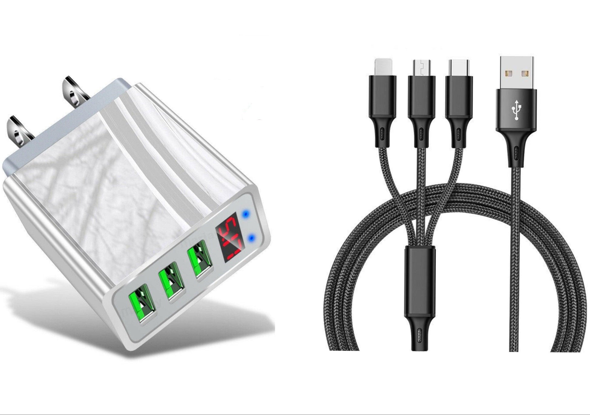 3 port LED Display High Speed Wall Charger White + 3 in 1 Cable Combo - PremiumBrandGoods