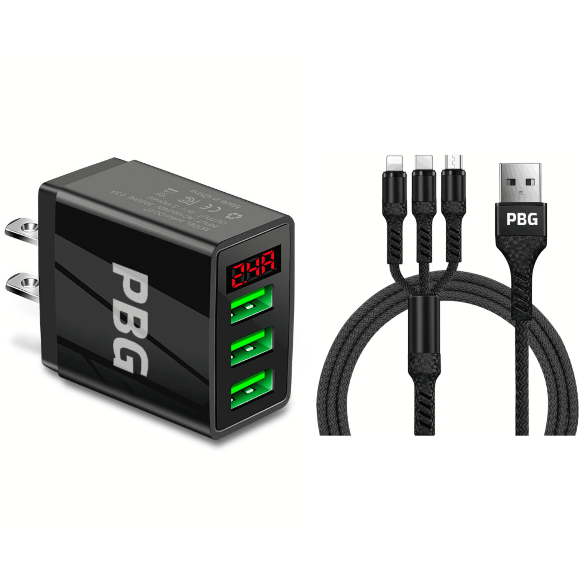 3 port LED Display Wall Charger  and 3 in 1 Cable Bundle Black - PremiumBrandGoods