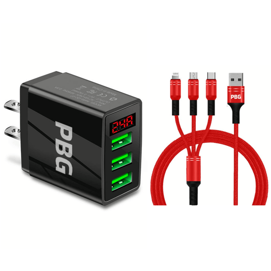 3 port LED Display Wall Charger  and 3 in 1 Cable Bundle Red - PremiumBrandGoods