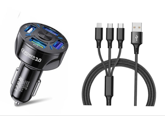 4 Port LED Car Charger + 3 in 1 Cable Combo Black - PremiumBrandGoods