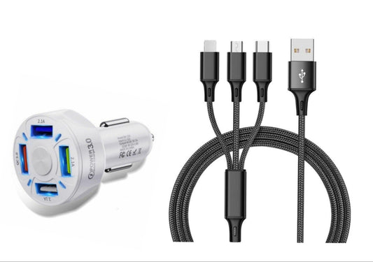 4 Port LED Car Charger + 3 in 1 Cable Combo Black - PremiumBrandGoods