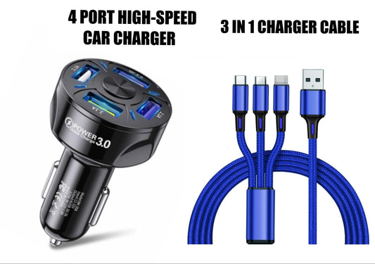 4 Port LED Car Charger + 3 in 1 Cable Combo Blue - PremiumBrandGoods