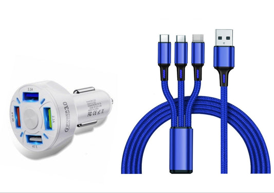 4 Port LED Car Charger + 3 in 1 Cable Combo Blue - PremiumBrandGoods