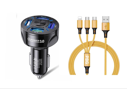 4 Port LED Car Charger + 3 in 1 Cable Combo Gold - PremiumBrandGoods