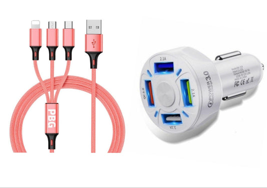 4 Port LED Car Charger + 3 in 1 Cable Combo - PremiumBrandGoods