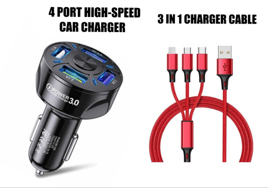 4 Port LED Car Charger + 3 in 1 Cable Combo Red - PremiumBrandGoods