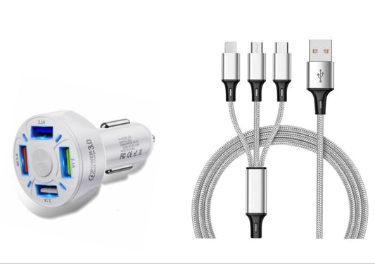 4 Port LED Car Charger + 3 in 1 Cable Combo Silver - PremiumBrandGoods