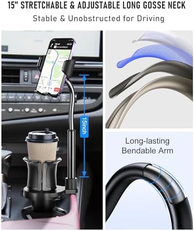 Cup Holder Phone Mount, Upgraded 2 in 1 Cup Holder Phone Holder for Car, Car Phone Mount with Long Gooseneck and Stretchable Cup Holder for Track, Car, Compatible with iPhone Samsung All Phones