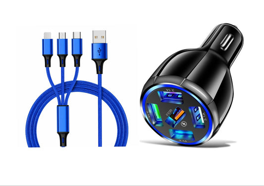 5 Port LED Fast Car Charger + 3 in 1 Cable Combo - PremiumBrandGoods