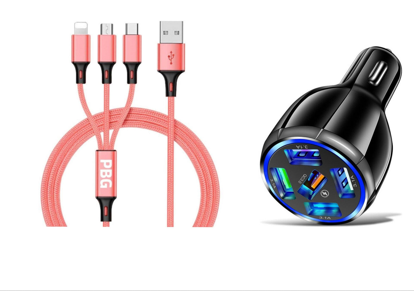 5 Port LED Fast Car Charger + 3 in 1 Cable Combo - PremiumBrandGoods