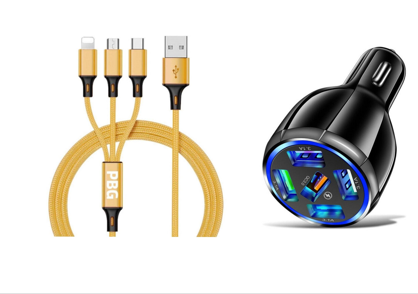 5 Port LED Fast Car Charger + 3 in 1 Cable Combo - PremiumBrandGoods