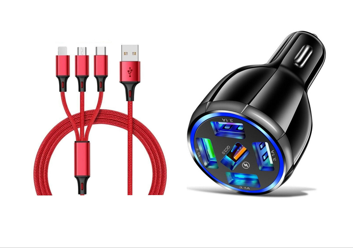 5 Port LED Fast Car Charger + 3 in 1 Cable Combo - PremiumBrandGoods