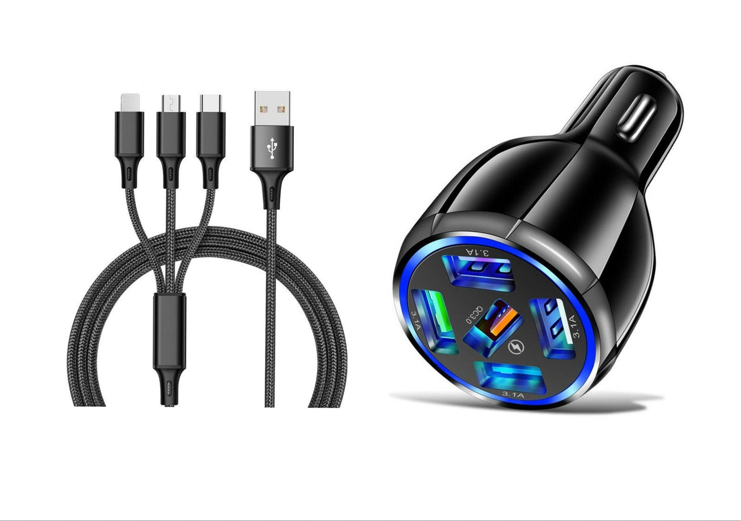 5 Port LED Fast Car Charger + 3 in 1 Cable Combo - PremiumBrandGoods