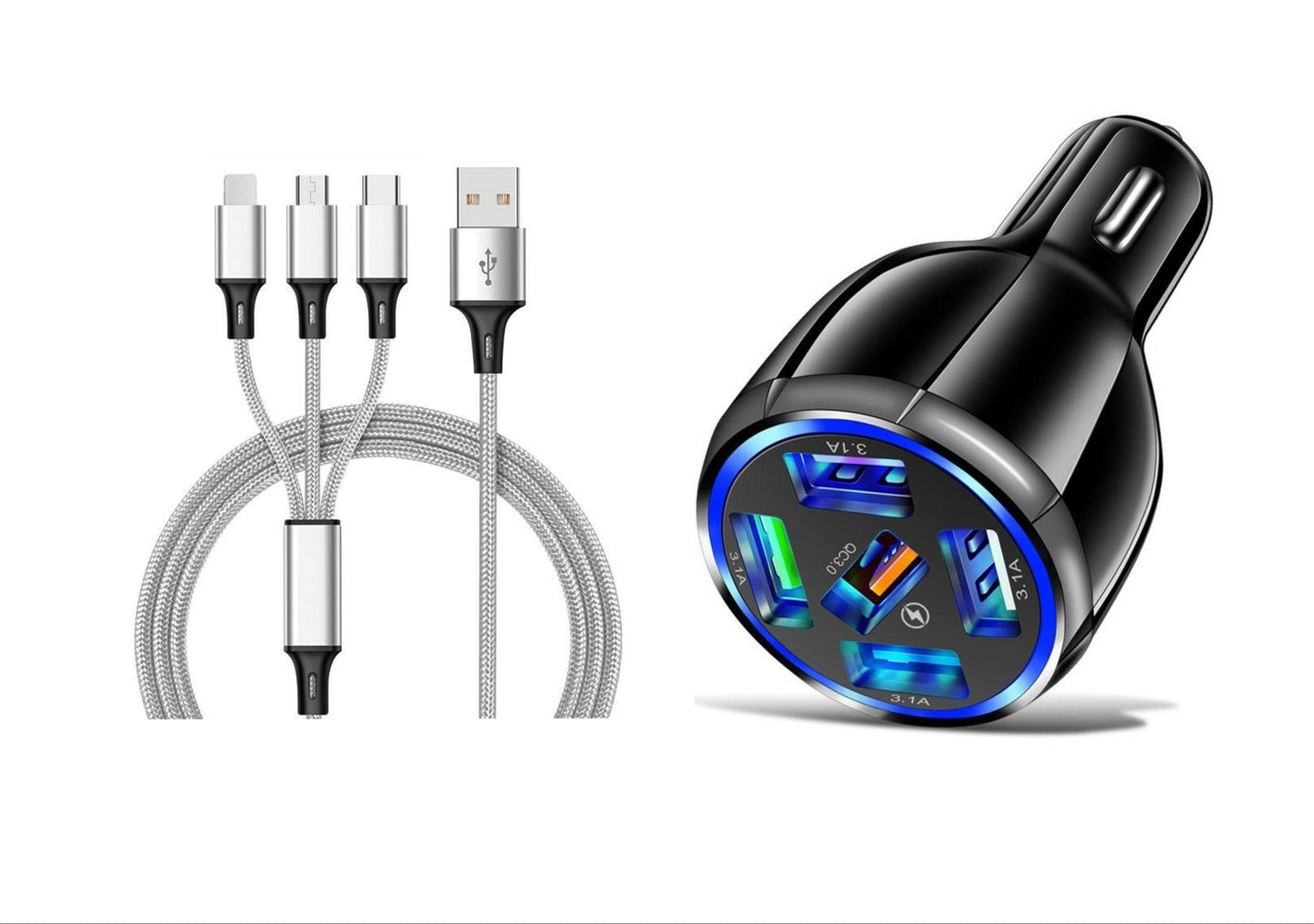 5 Port LED Fast Car Charger + 3 in 1 Cable Combo - PremiumBrandGoods