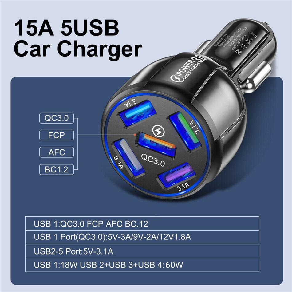 5 Port LED Fast Car Charger + 3 in 1 Cable Combo - PremiumBrandGoods