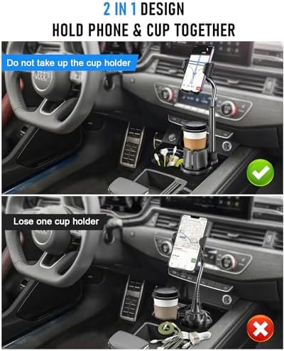 Cup Holder Phone Mount, Upgraded 2 in 1 Cup Holder Phone Holder for Car, Car Phone Mount with Long Gooseneck and Stretchable Cup Holder for Track, Car, Compatible with iPhone Samsung All Phones