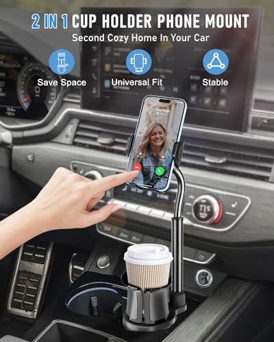 Cup Holder Phone Mount, Upgraded 2 in 1 Cup Holder Phone Holder for Car, Car Phone Mount with Long Gooseneck and Stretchable Cup Holder for Track, Car, Compatible with iPhone Samsung All Phones