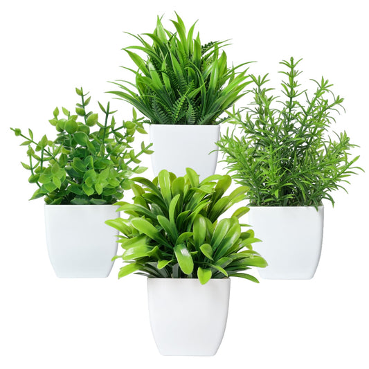 4 Packs Small Fake Plants Mini Artificial Faux White Potted Plants for Home Decor Indoor Bathroom Living Room Table Desk Farmhouse