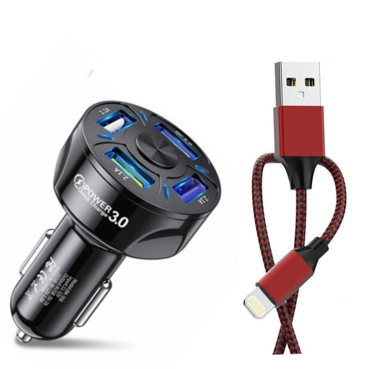 Black 4 Port LED Fast Car Charger and  6FT Charger Compatible for Iphone - PremiumBrandGoods