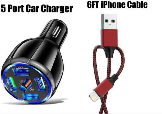 Black 5 Port LED Car Charger and  6FT Charger Compatible for Iphone - PremiumBrandGoods