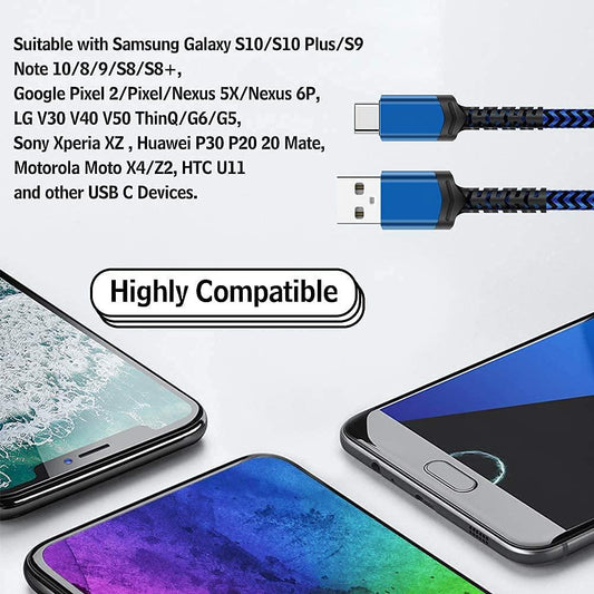 Blue Protected USB C Cable USB-C to USB-A Fast Charging Aluminum Housing Compatible with Samsung Galaxy S10 S9 Note 9 8 S8 Plus,LG V30 V20 G6 & more - 3 Sizes - PremiumBrandGoods