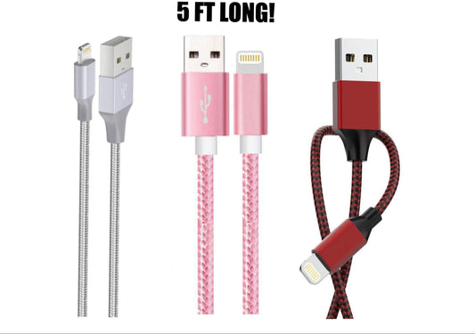 Charger Compatible for Iphone Cable Bundle 3 Pack ( 5 FT Cables) Silver , Red , Pink - PremiumBrandGoods