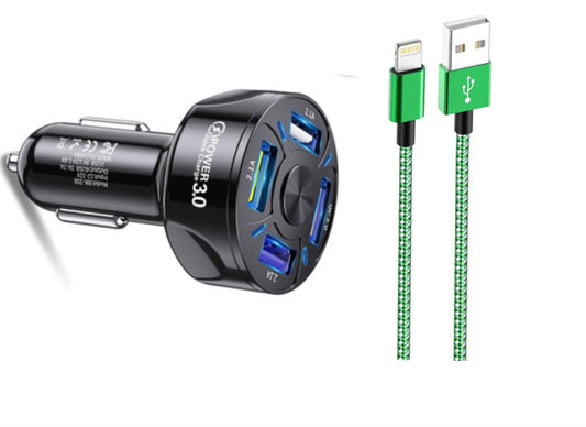 PBG 4 Port LED Car Charger and 6FT Charger Compatible for Iphone Cable Combo - PremiumBrandGoods