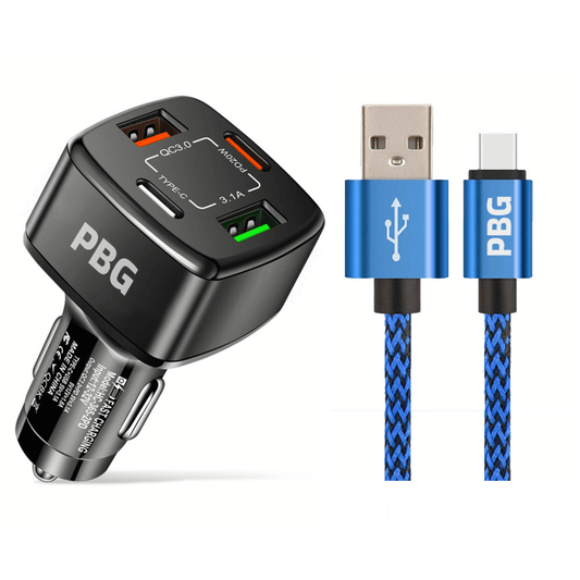 PBG 4 Port PD/USB Car Charger and 10FT Zebra Charger Compatible for Iphone Blue - PremiumBrandGoods